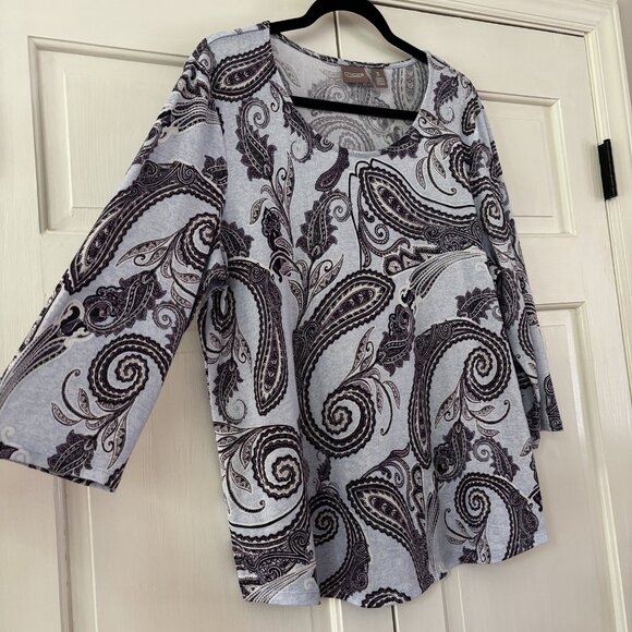 Chico’s Size 3 Paisley Print Blouse Knit Top Chicos‎ XL 3/4 Sleeve Blue Purple - Picture 3 of 15